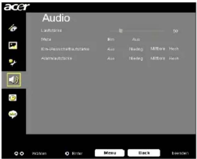 acer Audio Latestärke 50 Meta Ein Aus Ein-Ausschaftbaustärke Aus Nieding Mittlere Hoch Alamlautstärke Aus Nieding Mittlere Hoch Wahlen Enter Menu Back Inbenden