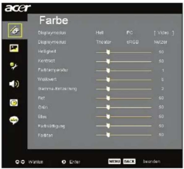acer Farbe Displaymodus Heli PC [ Video ] Displaymodus Theater eRGB Nutzer Helligkeit 50 Krontrast 50 Faktemperatur 1 Walkwert 5 Gamma-Entzernung 2 Riet 50 Grün 50 Blau 50 Faktstätigung 50 Faktan 50 Wählen Enter MENU BACK beenden