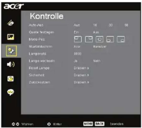 acer Kontrolle Auto-Aus Aus 16 30 50 Quelle festlagen Ein Aus Menu-Pos Starbildschirm Acor Banutzer Lampenatid 8990 Lampe wechseln Ja Nein Reset Lampe Drücken > Sicherheit Drücken > Zurücksätzen Drücken > Wahlen Enter MENU BACK beenden