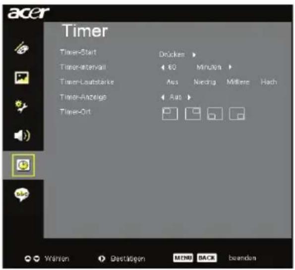 acer Timer Timer-Start Timer-Interval Timer-Laufstärke Timer-Anzolge Timer-Ort Drücken 60 Aus Nieding Aus Minutes Mittlere Hach Waren Bestätigen MENU BACK beanden