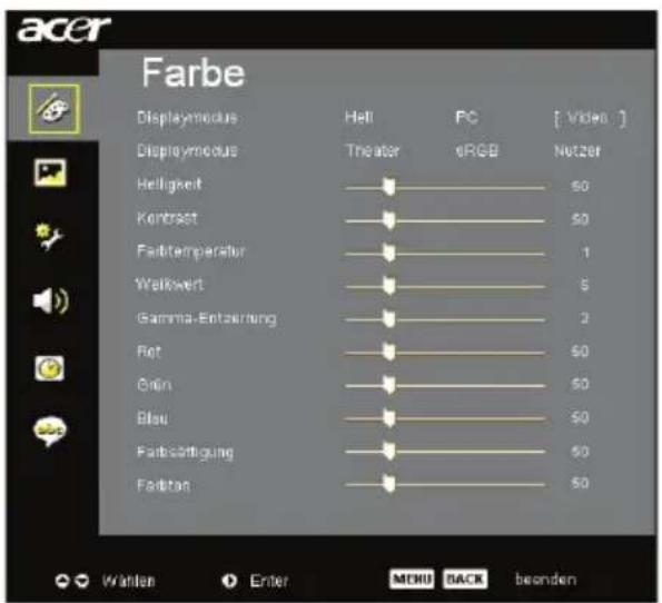 acer Farbe Display modulus Heli PC [ Video ] Display modulus Theater eRGB Nutzer Helligkeit 50 Kontrost 50 Fakttemperatur 1 Walkwert 6 Gamma-Entzerung 2 Rot 50 Orin 50 Blau 50 Faktbetragung 50 Faktzin 50 Wahlen Enter MENU BACK beenden