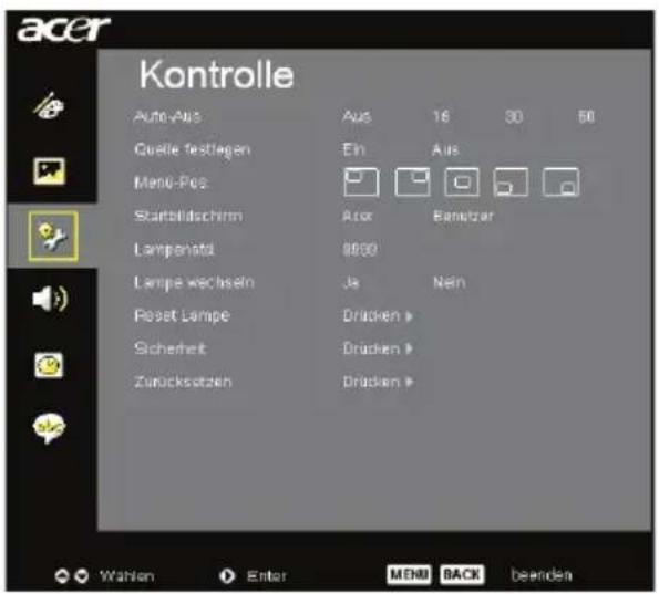 acer Kontrolle Auto-Aus Aus 16 30 50 Quelle festlagen Ein Aus Menu-Pos Starbildschirm Acor Banutzer Lampenatid 8890 Lampe wechseln Ja Nein Reset Lampe Drücken > Sicherheit Drücken > Zurücksätzen Drücken > Wahlen Enter MENU BACK beenden