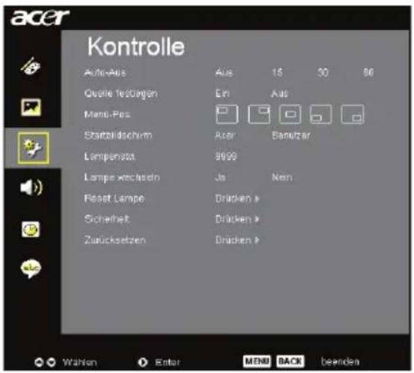 acer Kontrolle Auto-Aus Aus 15 30 60 Quelle Testungen Ein Aus Mand-Pos Stattbildschum Aster Banulzer Lampenstatt 9999 Lampe verkaufen Ja Nen Reset Lampe Drücken > Sicherheit Drücken > Zukücksetzen Drücken > Wahlen Enter MENU BACK beenden