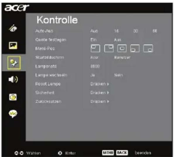 acer Kontrolle Auto-Aus Aus 16 30 50 Quelle festlagen Ein Aus Mens-Pos Startbildschirm Acor Bamwitzar Lampenatol 9890 Lampe wechseln Ja Nein Reset Lampe Drücken > Sicherheit Drücken > Zurücksatzen Drücken > Wahlen Enter MENU BACK beenden