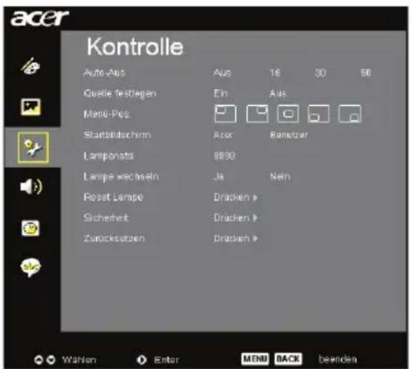 acer Kontrolle Auto-Plus Aus 16 30 50 Quelle festlagen Ein Aus Menu-Plus Startbildschirm Asor Bamwitzar Lampenato 9990 Lampe wechseln Ja Nein Reset Lampe Drücken > Sicherheit Drücken > Zurücksatzen Drücken > Wahlen Enter MENU BACK beenden