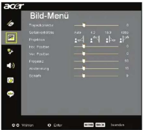 acer Bild-Menü Trapazkonektur 0 Seitenverkristris Auto 4.3 16.9 486p Projektion Hor. Position 0 Ver. Position 0 Frequenz 50 Abstimmung 10 Schafe 9 Währen Enter MENU BACK beanden
