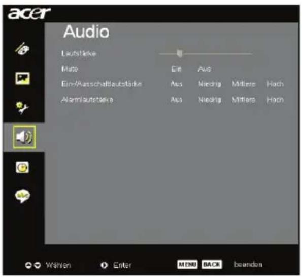 acer Audio Laufstärke Mute Ein Aus Ein/Ausschaftsaubstärke Aus Nieding Mittlere Hoch Alarmaustarka Aus Nieding Mittlere Hoch Walten Enter MENU BACK beanden