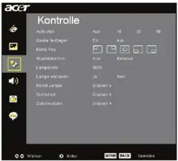 acer Kontrolle Auto-Aus Aus 16 30 50 Quelle festlagen Ein Aus Menu-Pos Starbildschirm Acor Banetzer Lamponstal 9990 Lampe wechseln Ja Nein Reset Lampe Drücken > Sicherheit Drücken > Zurücksatzen Drücken > Wahlen Enter MENU BACK beenden