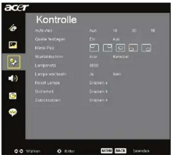 acer Kontrolle Auto-Aus Aus 16 30 50 Quelle festlagen Ein Aus Meng-Pes Stadtbildischirm Acor Banetzer Lampenatid 9800 Lampe wechseln Ja Nein Reset Lampe Drücken > Sicherheit Drücken > Zurücksatzen Drücken > Wahlen Enter MENU BACK beenden