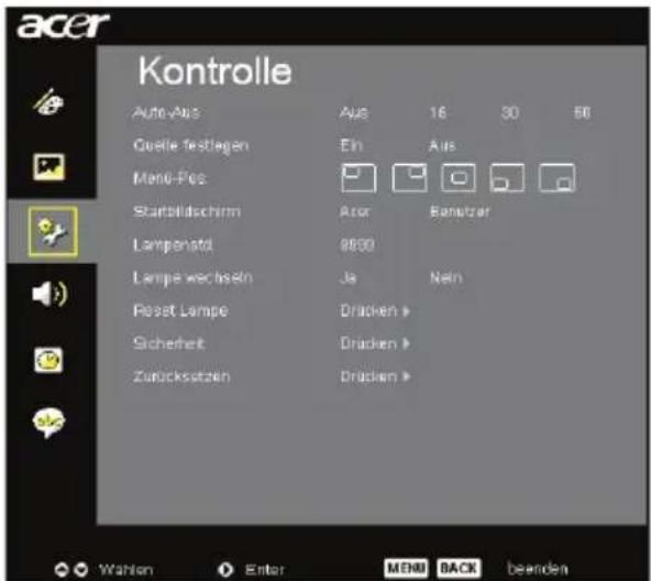 acer Kontrolle Auto-Aus Aus 16 30 50 Quelle festlagen Ein Aus Menu-Pos Starbildschirm Acor Banetzer Lampenatid 9800 Lampe wechseln Ja Nein Reset Lampe Dracken > Sicherheit Dracken > Zurücksatzen Dracken > Wahlen Enter MENU BACK beenden