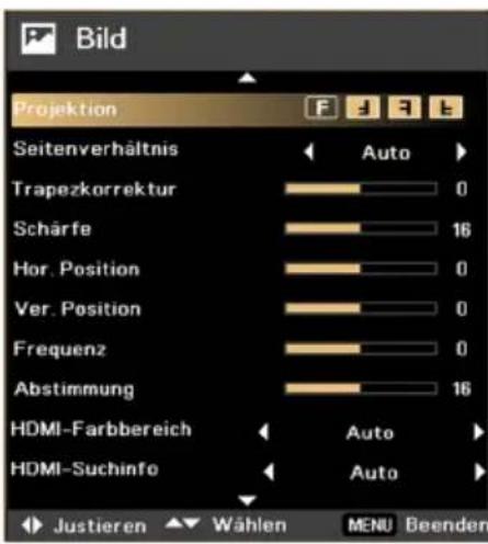 Bild Projektion Seitenverhältnis Trapezkorrektur Schärfe Hor. Position Ver. Position Frequenz Abstimmung HDMI-Farbbereich HDMI-Suchinfo Justieren Wählen Auto 0 16 0 0 0 16 Auto Auto MENU Beenden