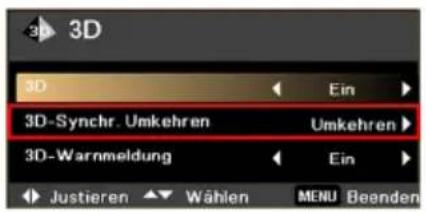 3D 3D Ein 3D-Synchr. Umkehren Umkehren 3D-Warmeldung Ein Justieren Wählen MENU Beenden