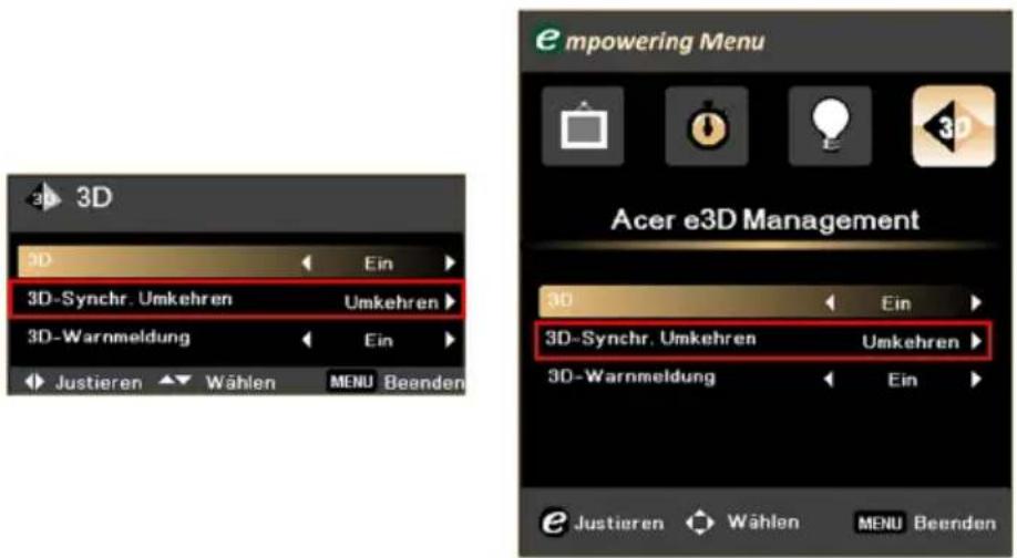3D 3D Ein 3D-Synchr. Umkehren Umkehren 3D-Warmmeldung Ein Justieren Wählen MENU Beenden empowering Menu Acer e3D Management 3D Ein 3D-Synchr. Umkehren Umkehren 3D-Warmmeldung Ein Justieren Wählen MENU Beenden