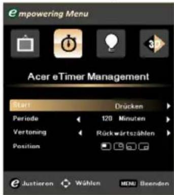 empowering Menu Acer eTimer Management Start Drücken Periode 120 Minuten Vertoning Rückwärtezahlen Position Justieren Wählen MENU Bezenden