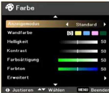 Farbe Anzeigemodus Standard Wandfarbe Helligkeit 50 Kontrast 50 Farbsättigung 50 Farbton 50 Erweitert Justieren Wählen MENU Beenden