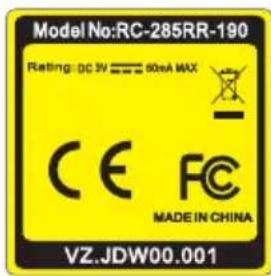 Model No:RC-285RR-190 Rating: DC 3V = 60mA MAX CE FC MADE IN CHINA VZ.JDW00.001
