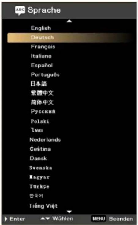 Sprache English Deutsch Français Italiano Español Português 日本語 繁體中文 簡体中文 Pyccknä Polski İnu Nederlands Čeština Dansk Svenska Magyar Türkçe 한국어 Tiếng Việt Enter ⬆ Wählen MENU Beenden