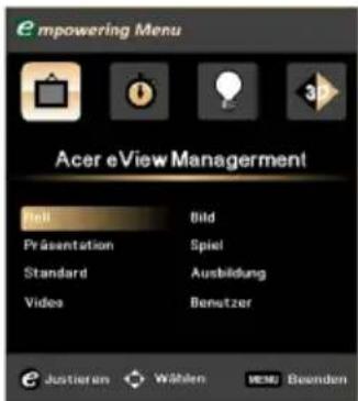 Empowering Menu Acer eView Management Tell Bild Präsentation Spiel Standard Ausbildung Video Benutzer Justieren Wählen MENU Beenden