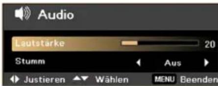 Audio Lautstärke 20 Stumm Aus Justieren Wählen MENU Beenden