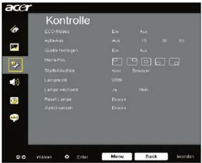 acer Kontrolle ECO-Modus Auto-Aus Quelle festlagen Menu-Fos Starbildschirm Lampensid Lampe wechseln Reset Lampe Zurücksetzen Ein Aus Aus 15 30 60 Acer Bonutzer Ja Nein Druck > Druck > Wahlen Enter Menu Back beenden