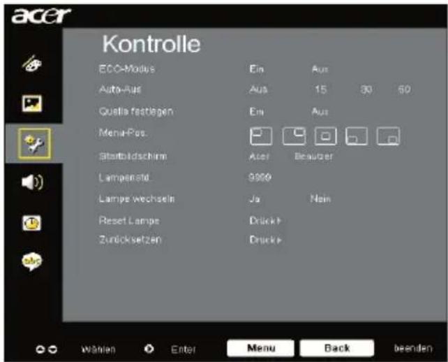 acer Kontrolle ECO-Modus Auto-Rus Quotia fastlegen Menu-Pos StatoBidschirmi Lampenstd Lamps wechseln Reset Lampe Zurücksetzen Ein Aus Aus Aus Acer Beauger Ja Non Druck > Druck > Wahlen Enter Menu Back beenden