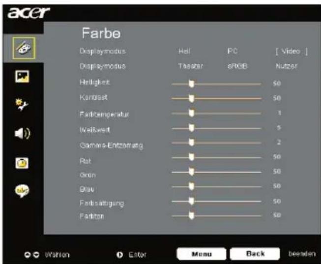 acer Farbe Displaymodus Heli PC [ Video ] Displaymodus Theater sRGB Nutzer Helligkeit 50 Kontwert 50 Fairbtemperatur 1 Wellwert 5 Gamma-Entzernung 2 Rat 50 Grün 50 Glow 50 Faktisätigung 50 Faktion 50 Wahlen Enter Menu Back beenden