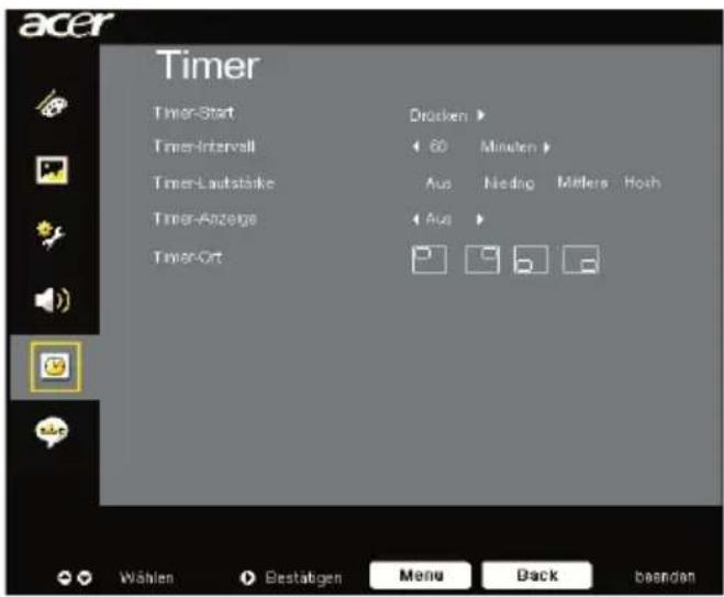acer Timer Timer-Start Timer-Interval Timer-Laufstrike Timer-Anzeige Timer-Ort Drocken > 60 Minuten > Aus Nieding Mellers Hosh Aus > Wählen Bestabgen Menu Back beanden