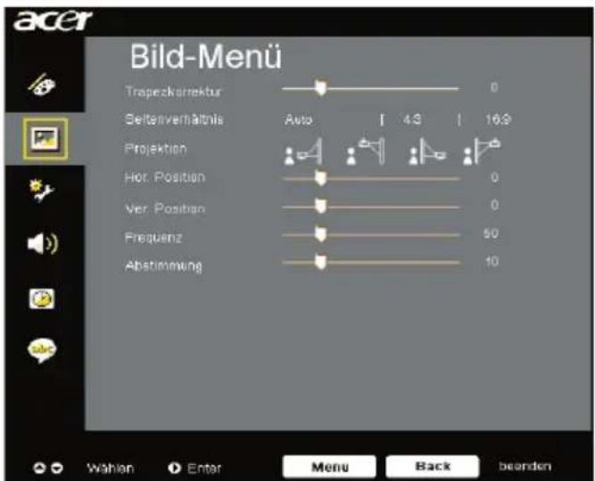 Bild-Menü Trapeckstruktur 0 Seitenverhältnis Auto 4.3 16.9 Projektion Hot Position 0 Ver. Position 0 Frequenz 50 Abstimmung 10 Wahlen Enter Menu Back bearden