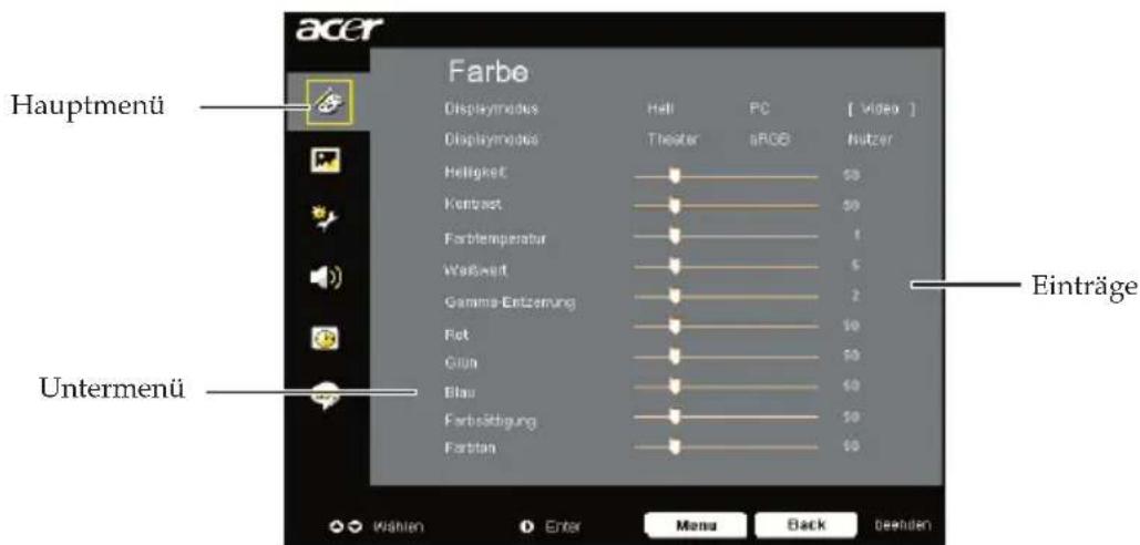 acer Farbe Hauptmenü Displaymodeus Hall PC [ Video ] Displaymodeus Theater isRGB Nutzer Helligkeit 50 Kontext 50 Farblemperatur 1 Wabwert 5 Gamma-Entzernung 2 Pet 10 Grun 10 Blau 10 Farbästigung 10 Farbtan 10 Untermenü Einträge Wahlen Enter Menu Back Dehenden