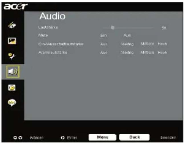 acer Audio Laststärke 50 Mate Ein Aus Ein-Ausschaffautstärke Aus Niedrig Midbare Hoch AlarmAutstärke Aus Niedrig Midbare Hoch Wählen Enter Menu Back beenden