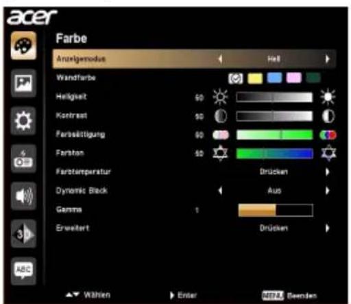 acer Farbe Anzigemodus Wandfarbe Heligkeit 60 Kontrest 60 Ferbächtigung 60 Farthan 60 Farotemperatur Dynamic Black Gamma 1 Erweitert Drücken Aus Drücken Within Enter MENA Senden