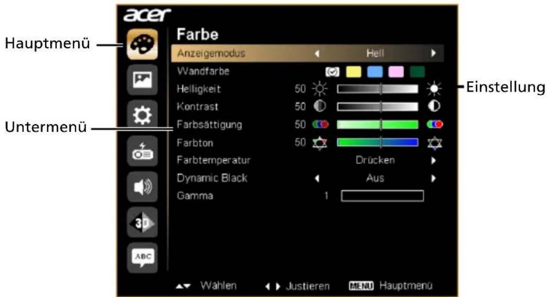 Hauptmenü Untermenü Farbe Anzeigemodus Hell Einstellung Wandfarbe Helligkeit 50 Kontrast 50 Farbsättigung 50 Farbton 50 Farbtemperatur Dynamic Black Gamma 1 Drücken Aus Wahlen Justieren MENU Hauptmenu