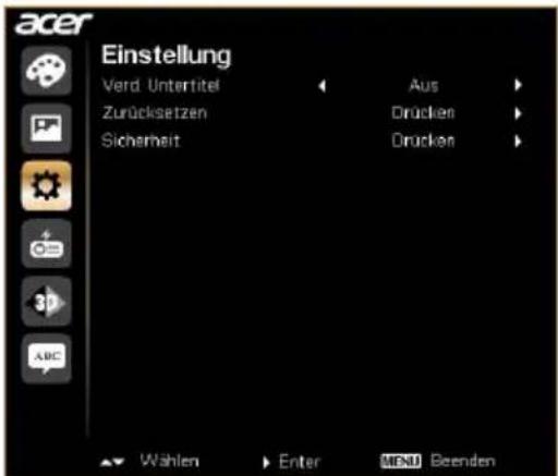acer Einstellung Verd. Untertitel Aus Zurücksetzen Drücken Sicherheit Drücken Wählen Enter MENU Beenden