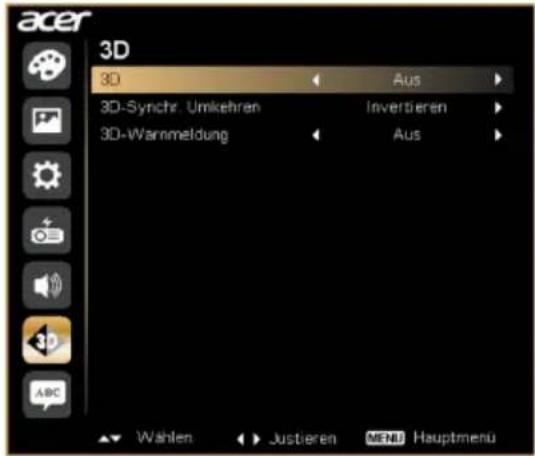 acer 3D 3D Aus 3D-Synchr. Umkehren Invertieren 3D-Wannmeldung Aus Wahlen Justieren MENU Hauptmenu