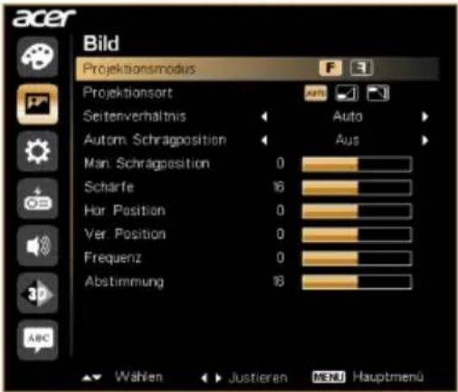 Bild Projektionsmodus Projektionsort Seitenverhaltnis Autom. Schragposition Min. Schragposition Scharfe Hor. Position Ver. Position Frequenz Abstimmung Auto Aus Wahlen Justieren MENU Hauptmenu