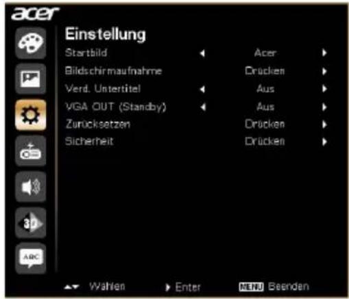 acer Einstellung Startbild Bildschirmaufnahme Verd. Untertitel VGA OUT (Standby) Zurücksetzen Sicherheit Acer Drücken Aus Aus Drücken Drücken Wahlen Enter MENU Beenden