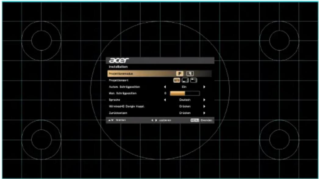 acer Installation Projektionsnordus Projektionsort Autism, Schärgposition Max. Sitzvätposition Sprache WirelessHD Dengle Hassel. Zurücksetzen instituten autieren Senderten