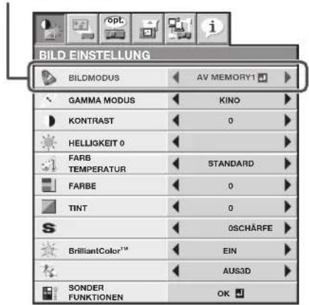 BILD EINSTELLUNG BILDMODUS AV MEMORY1 GAMMA MODUS KINO KONTRAST 0 HELLIGKEIT 0 FARB STANDARD TEMPERATUR FARBE 0 TINT 0 SCHÄRFE BrilliantColor™ EIN AUS3D SONDER FUNKTIONEN OK