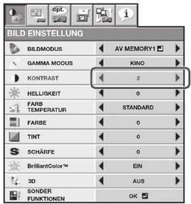 BILD EINSTELLUNG BILDMODUS AV MEMORY1 GAMMA MODUS KINO KONTRAST 2 HELLIGKEIT 0 FARB TEMPERATUR STANDARD FARBE 0 TINT 0 SCHÄRFE 0 BrilliantColor™ EIN 3D AUS SONDER FUNKTIONEN OK
