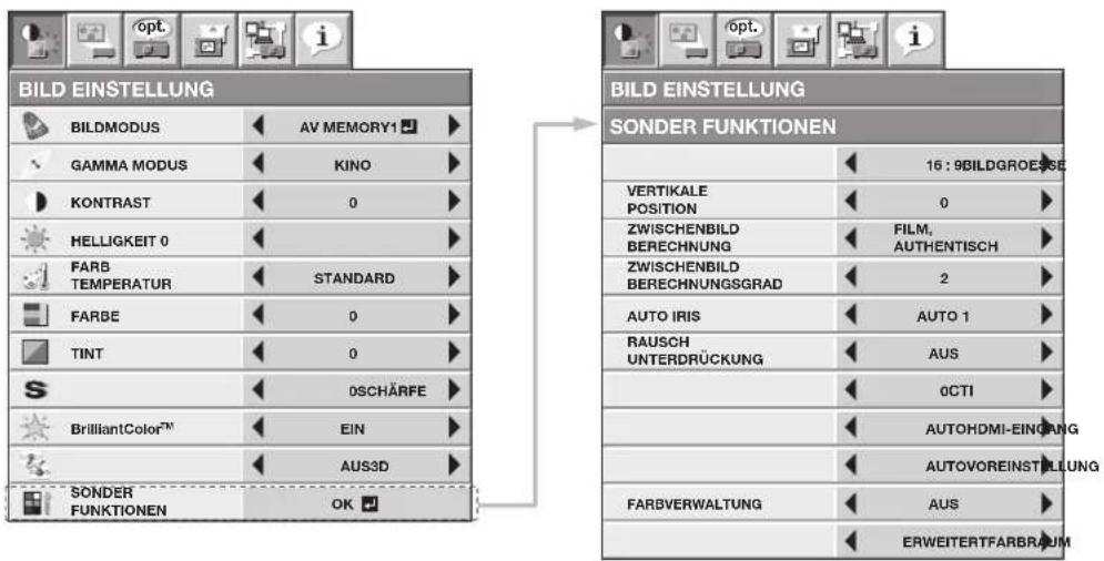 BILD EINSTELLUNG BILDMODUS AV MEMORY1 GAMMA MODUS KINO KONTRAST 0 HELLIGKEIT 0 FARB TEMPERATUR STANDARD FARBE 0 TINT 0 SCHÄRFE BrilliantColor™ EIN AUS3D SONDER FUNKTIONEN OK BILD EINSTELLUNG SONDER FUNKTIONEN 16 : 9BILDGROESSE VERTIKALE POSITION 0 ZWISCHENBILD BERECHNUNG FILM, AUTHENTISCH ZWISCHENBILD BERECHNUNGSGRAD 2 AUTO IRIS AUTO 1 RAUSCH UNTERDRÜCKUNG AUS 0CTI AUTOHDMI-EINGANG AUTOVOREINSTILLUNG FARBVERWALTUNG AUS ERWEITERTFARBRAUM