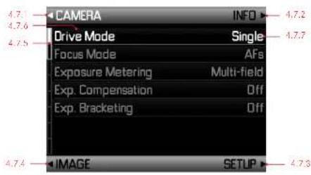CAMERA INFO Drive Mode Single Focus Mode AFs Exposure Metering Multi-field Exp. Compensation Off Exp. Bracketing Off IMAGE SETUP