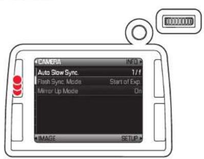 CAMERA INFO Auto Slow Sync 1/f Flash Sync Mode Start of Exp Mirror Up Mode On IMAGE SETUP