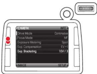 CAMERA INFO Drive Mode Continuous Focus Mode MF Exposure Metering Spot Exp. Compensation EV +1 Exp. Bracketing 1EV / 3 IMAGE SETUP
