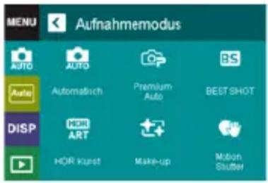 MENU Aufnahmemodus AUTO AUTO Auto Automatisch Premium Auto BEST SHOT DISP HDR ART HOR Kunst Make-up Motion Shutter