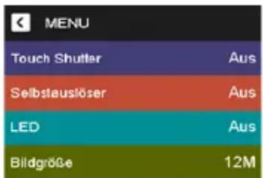 MENU Touch Shutter Aus Selbstauslöser Aus LED Aus Bildgröße 12M