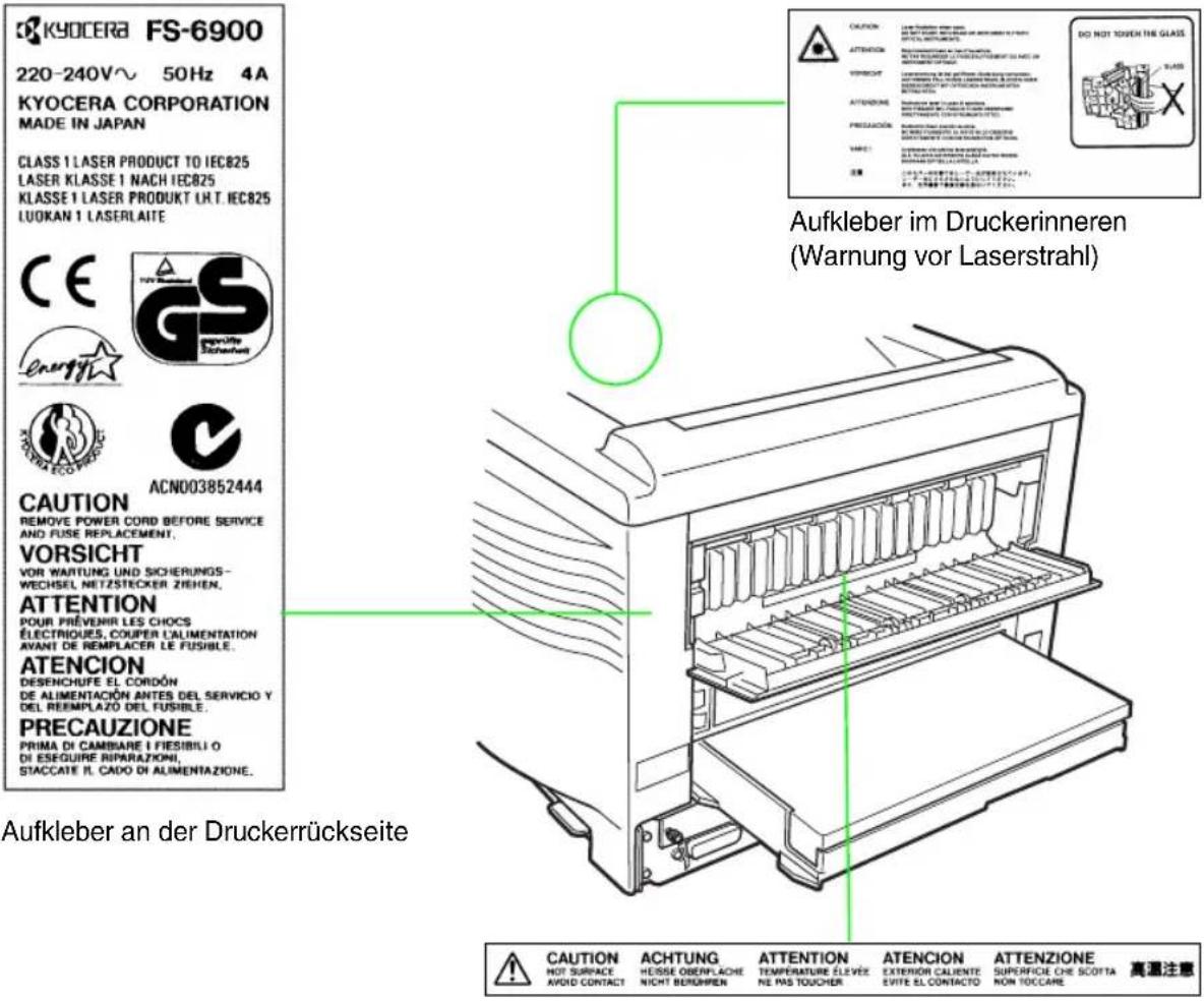 KYOCERA FS-6900 220-240V~ 50Hz 4A KYOCERA CORPORATION MADE IN JAPAN CLASS 1 LASER PRODUCT TO IEC825 LASER KLASSE 1 NACH IEC825 KLASSE 1 LASER PRODUKT U.R.T. IEC825 LUOKAN 1 LASERLAITE CE Energy GS ACN003852444 CAUTION REMOVE POWER CORD BEFORE SERVICE AND FUSE REPLACEMENT. VORSICHT VOR WAITUNG UND SICHERUNGS- WECHSEL NETZSTECKER ZIEHEN. ATTENTION POUR PRÉVENIR LES CHOCS ÉLECTRIQUES, COUPER L'ALIMENTATION AVANT DE REMPLACER LE FUSIBLE. ATENCION DESENCHUFE EL CORDÓN DE ALIMENTACIÓN ANTES DEL SERVICIO Y DEL REEMPLAZO DEL FUSIBLE. PRECAUZIONE PRIMA DI CAMBIARE I FIESIBILI O DI ESEGUIRE RIPARAZIONI, STACCATE R. CADO DI ALIMENTAZIONE. Aufkleber im Druckerinneren (Warnung vor Laserstrahl) CAUTION NOT SURFACE AVOID CONTACT ACHTUNG HEISSE OBERFLACHE NICHT BERGHIEN ATTENTION TEMPERATURE ELEVEZ NE MAS TOUCHER ATENCION EXTERIOR CALIENTE EVITE EL CONTACTO ATTENZIONE SUPERFICIE CHE SCOTTA NON TOCCARE 高温注意