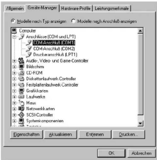 Allgemein Geräte-Manager Hardware-Profile Leistungsmerk.male Modelle nach Typ anzeigen Modelle nach Anschluß anzeigen Computer Anschlüsse (COM und LPT) COM-Anschluß (COM1) COM-Anschluß (COM2) Druckeranschluß (LPT1) Audio-, Video- und Game-Controller Bildschirm CD-ROM Disketterlaufwerk Controller Festplattenlaufwerk Controller Grafikkarten Laufwerke Maus Netzwerkarten SCSI-Controller Systemkomponenten Eigenschaften Aktualisieren Entjemen Drucken... OK Abbrechen