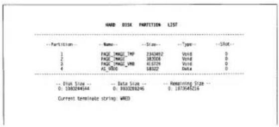 HARD DISK PARTITION LIST -- Partition -- Name -- Size -- Type -- Slot 1 PAGE_IMAGE_TMP 2343452 Void 0 2 PAGE_IMAGE 387004 Void 0 3 PAGE_IMAGE_VMB 615729 Void 0 4 AS_0000 18522 Data 0 -- Disk Size -- Data Size -- Remaining Size -- 0: 1383244544 0: 300328246 0: 1873545216 Current terminate string: WRED