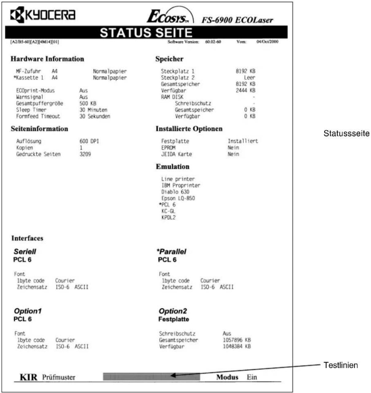 KYOCERA ECOSIS™ FS-6900 ECOLaser STATUS SEITE [A2/B5-60][A2][4M14][01] Software Version: 60.02-60 Vom: 04/Oct/2000 Hardware Information Speicher MF-Zufuhr A4 Normalpapier Steckplatz 1 8192 KB *Kassette 1 A4 Normalpapier Steckplatz 2 Leer Gesamtspeicher 8192 KB ECOprint-Modus Aus Verfügbar 2444 KB Warnsignal Aus RAM DISK - Gesamtpuffergröße 500 KB Schreibschutz - Sleep Timer 30 Minuten Gesamtspeicher 0 KB Formfeed Timeout 30 Sekunden Verfügbar 0 KB Seiteninformation Installierte Optionen Auflösung 600 DPI Festplatte Installiert Kopien 1 EPROM Nein Gedruckte Seiten 3209 JEIDA Karte Nein Emulation Line printer IBM Proprinter Diablo 630 Epson LQ-B50 *PCL 6 KC-GL KPDL2 Interfaces Seriell *Parallel PCL 6 PCL 6 Font Font 1byte code Courier 1byte code Courier Zeichensatz ISO-6 ASCII Zeichensatz ISO-6 ASCII Option1 Option2 PCL 6 Festplatte Font Schreibschutz Aus 1byte code Courier Gesamtspeicher 1057896 KB Zeichensatz ISO-6 ASCII Verfügbar 1048384 KB KIR Prüfmuster Modus Ein Statusseite Testlinien