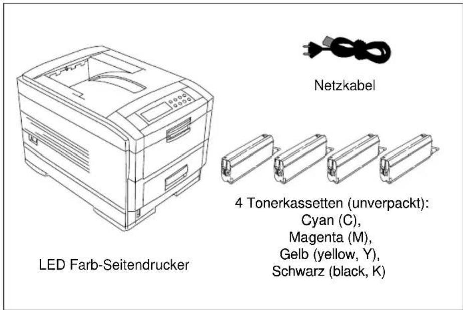 Netzkabel LED Farb-Seitendrucker 4 Tonerkassetten (unverpackt): Cyan (C), Magenta (M), Gelb (yellow, Y), Schwarz (black, K)